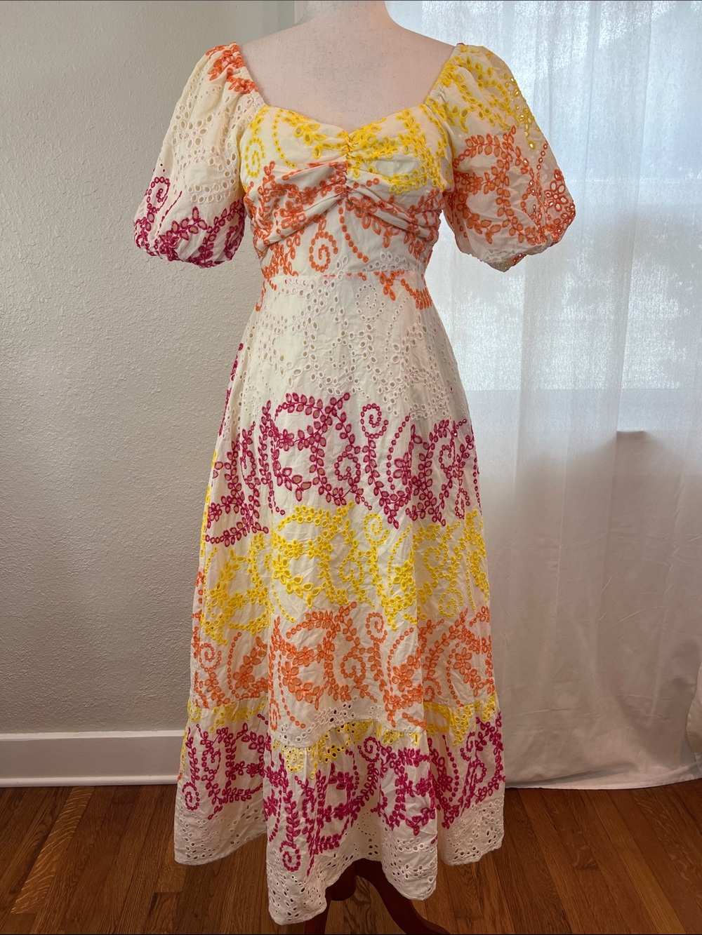 English Factory Eyelet Maxi Dress with Pink, Orange & Yellow Embroidery. S